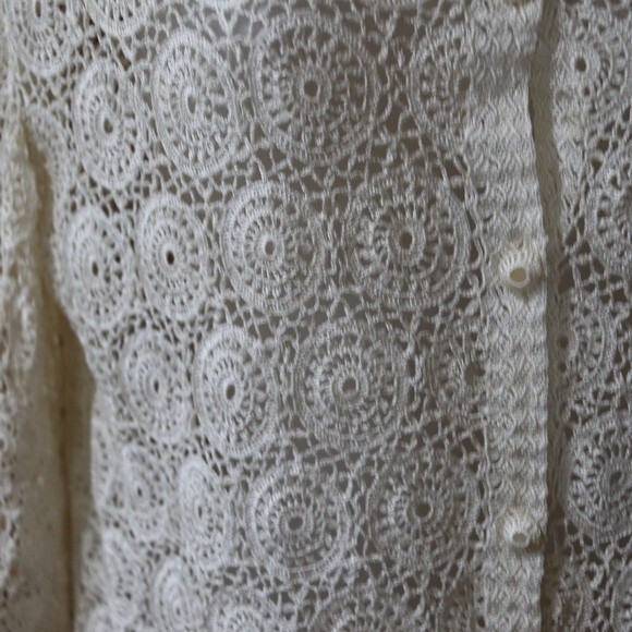 Vintage Red Peacock Hand Crochet White Lace Cardigan Cottagecore Boho Top LG - Picture 8 of 12